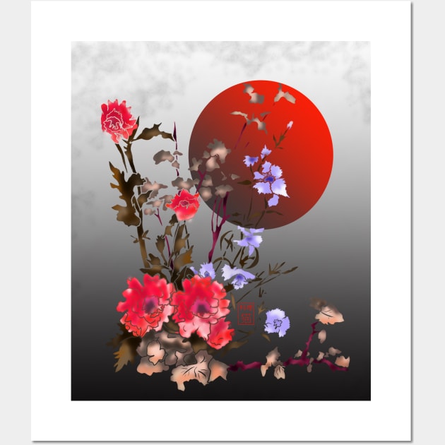 red watercolor sumiE flowers with a blood moon Wall Art by cuisinecat